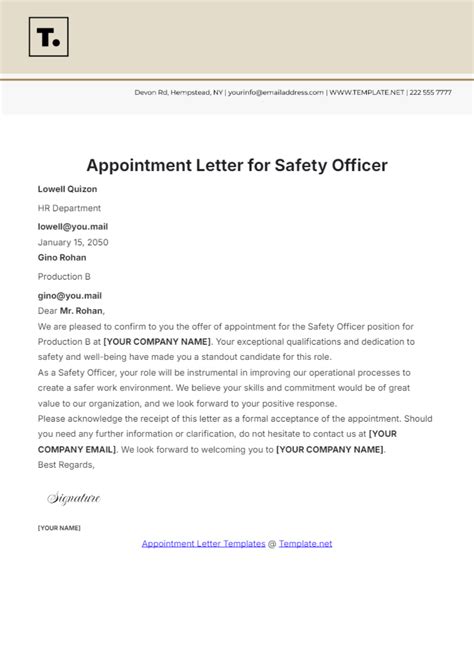 appointment letter of safety officer in word format